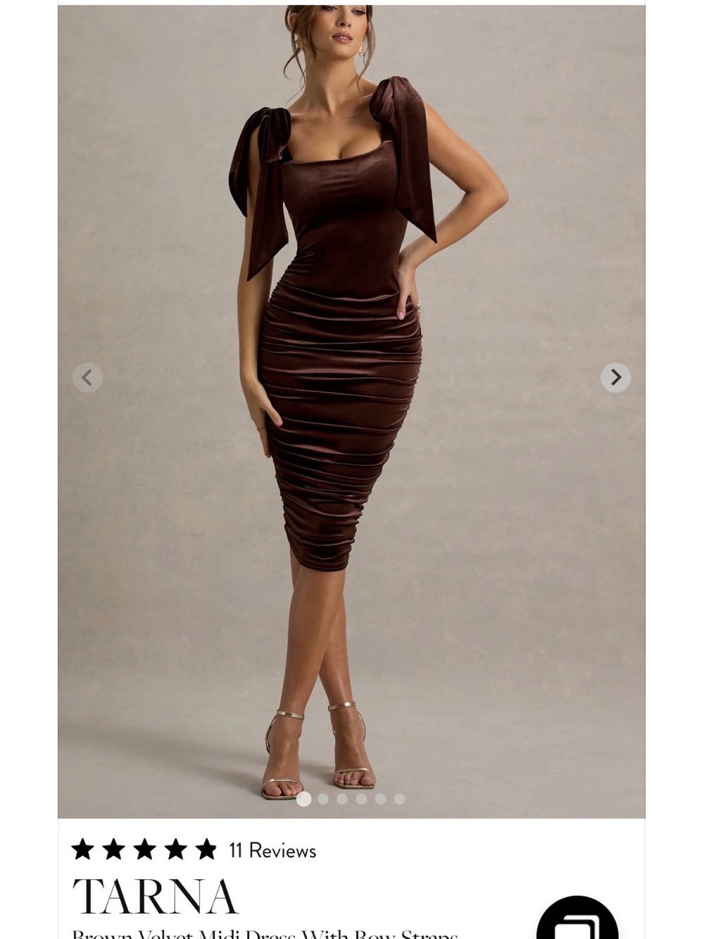 Club L London Brown Velvet Midi Dress with Bow Shoulder Straps